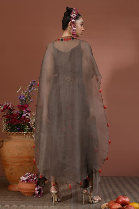 Shop_Neha Poddar_Gray Cape And Belt Organza & Inner Summer Silk Grey Applique Work & Dress Set _at_Aza_Fashions