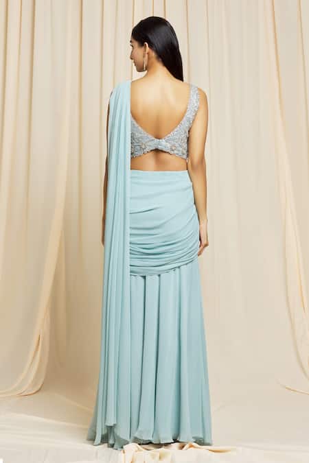 Shop Izzumi Mehta Blue Georgette Floral V Neck Hand Embroidered Pre-stitched Saree With Blouse at Aza Fashions Shop_Izzumi Mehta_Blue Georgette Floral V Neck Hand Embroidered Pre-stitched Saree With Blouse _at_Aza_Fashions