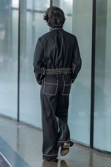 Shop Leh Studios Black Cotton Embroidery Collared Thread Steppe Jacket at Aza Fashions Shop_Leh Studios_Black Cotton Embroidery Collared Thread Steppe Jacket _at_Aza_Fashions