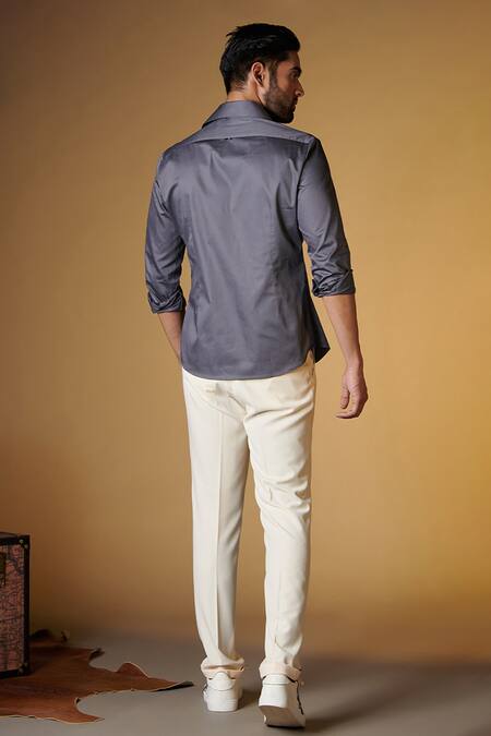 Shop_S&N By Shantnu Nikhil_Grey Gingham Embroidery Crest Placement Shirt _at_Aza_Fashions