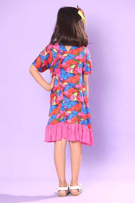 Shop_Littlecheer_Multi Color Viscose, Satin Butterfly Print Tiered Dress _at_Aza_Fashions