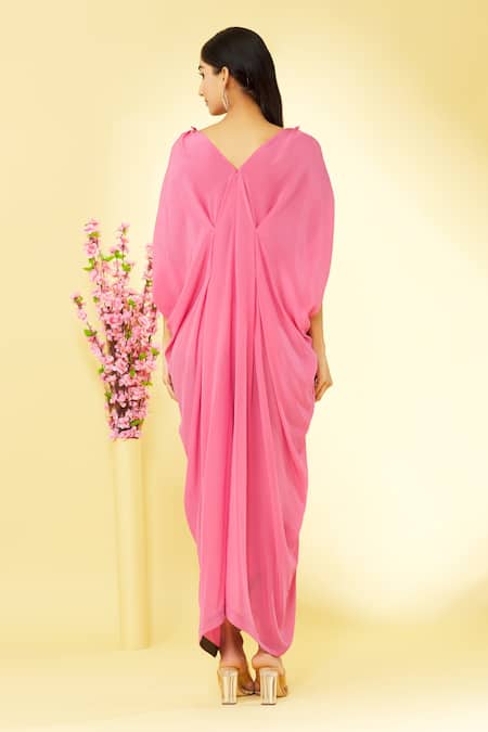 Shop Megha Garg Pink Pure Crepe V Neck Cowl Draped Jumpsuit at Aza Fashions Shop_Megha Garg_Pink Pure Crepe V Neck Cowl Draped Jumpsuit _at_Aza_Fashions