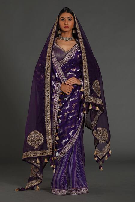 Shop_Rar Studio_Purple Silk, Cotton, Zari, Hand Saree With Blouse_at_Aza_Fashions