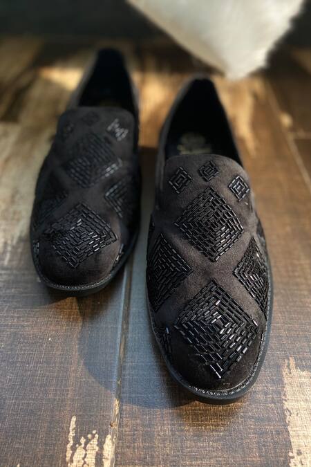 Shop_SCHON ZAPATO_Black Suede Cutdana Embroidered Loafers _at_Aza_Fashions