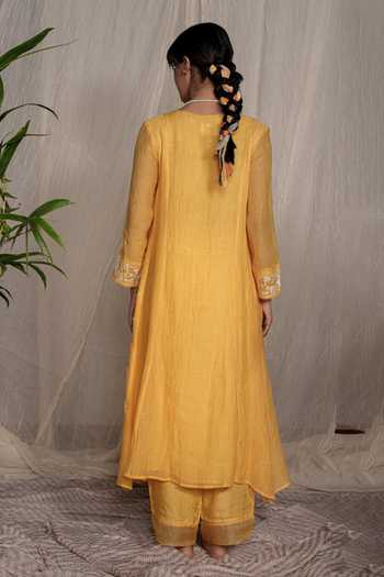 Shop Pants And Pajamas Yellow Chanderi Mirrors V-neck Candy Stick Chikankari Kurta at Aza Fashions Shop_Pants And Pajamas_Yellow Chanderi Mirrors V-neck Candy Stick Chikankari Kurta _at_Aza_Fashions