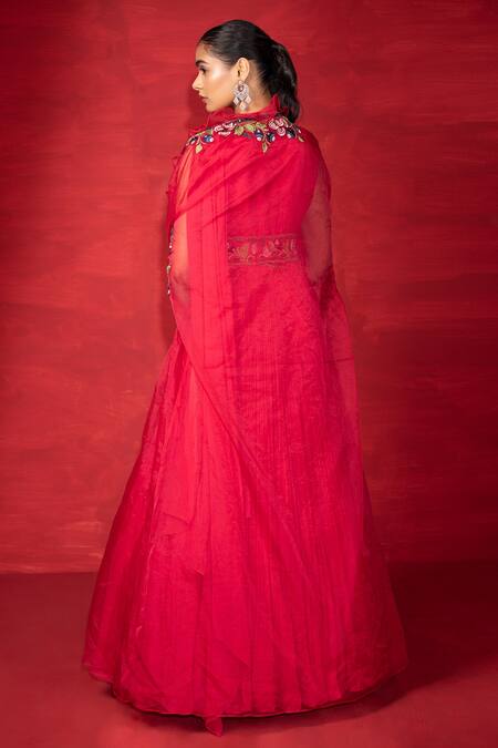 Buy_Miku Kumar_Red Net, Tissue, Georgette Thread, Sequin And Cut Dana Embroidered Saree Set _Online_at_Aza_Fashions