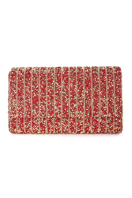 Shop The Purple Sack Red Embroidery Stone Rectangle Shaped Clutch at Aza Fashions Shop_The Purple Sack_Red Embroidery Stone Rectangle Shaped Clutch _at_Aza_Fashions