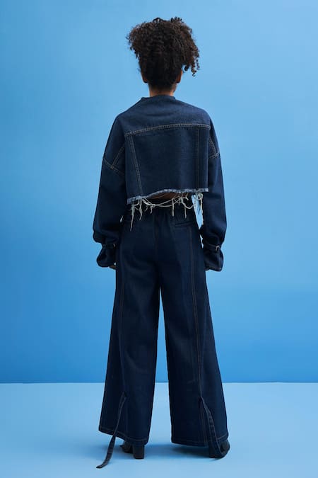 Shop_Siddhant Agrawal_Blue Denim High Neck Cropped Jacket _at_Aza_Fashions