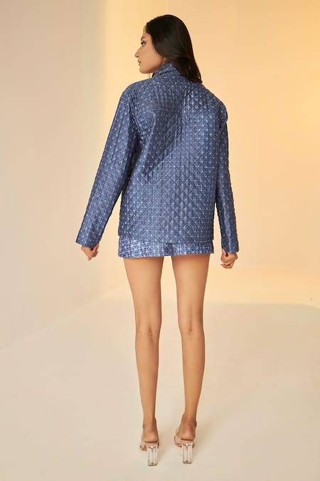 Shop_Betrue_Blue Chanderi Cotton, Silk Collared Quilted Jacket _at_Aza_Fashions