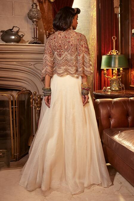 Shop_Ridhima Bhasin_Ivory Net Hand Embroidered Sequin Cape Zeenat Organza Skirt Set  _at_Aza_Fashions