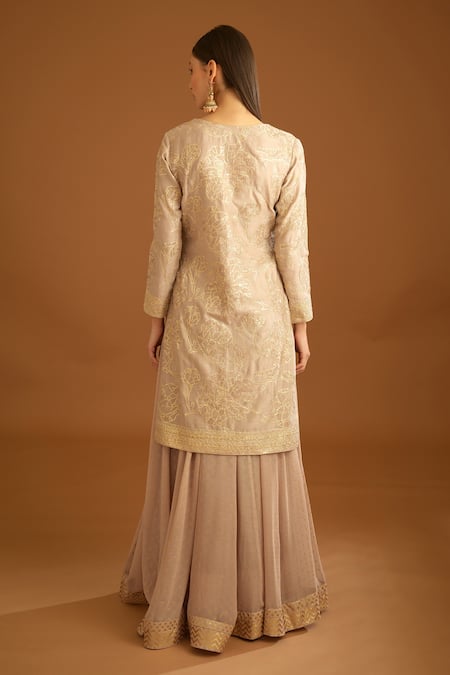 Shop Shyam Narayan Prasad Peach Chanderi, Georgette Lace, Embroidery, Thread And Work Kurta Sharara Set at Aza Fashions Shop_Shyam Narayan Prasad_Peach Chanderi, Georgette Lace, Embroidery, Thread And Work Kurta Sharara Set _at_Aza_Fashions
