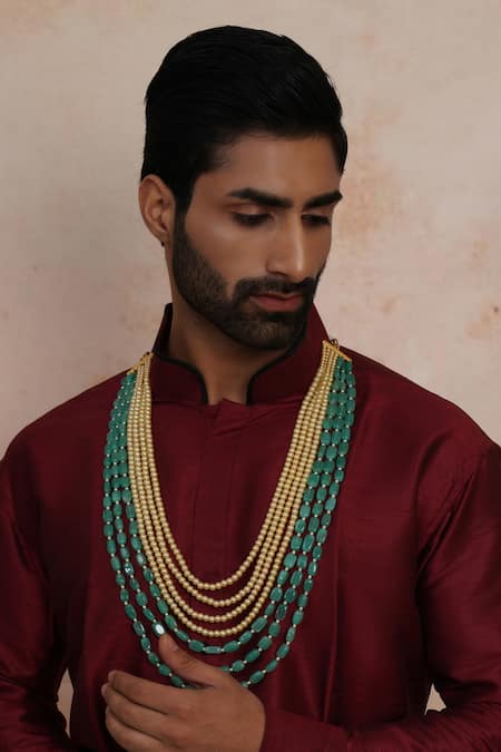 Shop Ruby Raang Green Bead And Pearl Layered Handcrafted Necklace at Aza Fashions Shop_Ruby Raang_Green Bead And Pearl Layered Handcrafted Necklace _at_Aza_Fashions