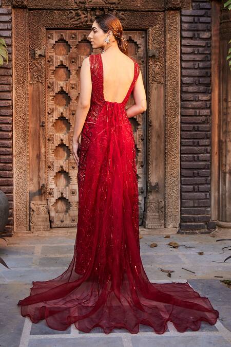 Mehak Murpana Red Net Embroidery Geometric Sweetheart Neck Gown  2