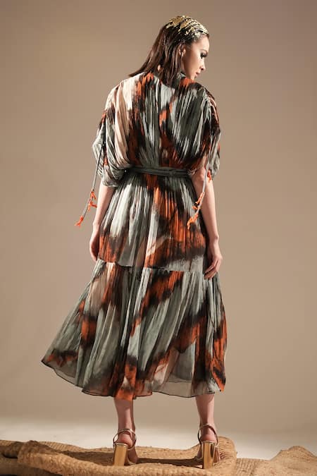 Shop_Nikita Mhaisalkar_Blue Georgette Sequins, Embroidery High Neck Butterfly Print And Midi Dress _at_Aza_Fashions