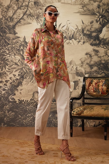 Shop Kalista Brown Cotton Satin, Viscose Embroidery Hazel Botanical Print Tunic And Pant Set at Aza Fashions Shop_Kalista_Brown Cotton Satin, Viscose Embroidery Hazel Botanical Print Tunic And Pant Set _at_Aza_Fashions
