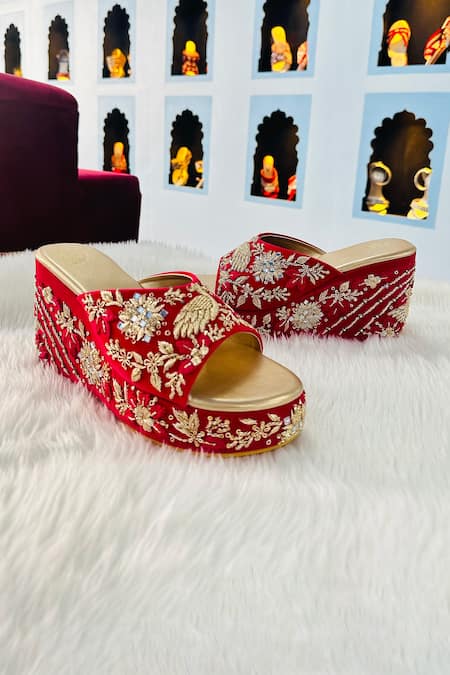Shiveen Shiveen Red Floral Embroidered Velvet Wedges 