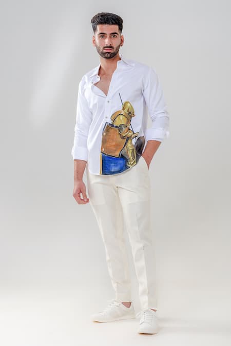 Shop_Amrit Dawani_White Cotton Warrior Motif Hand Painted Shirt _at_Aza_Fashions