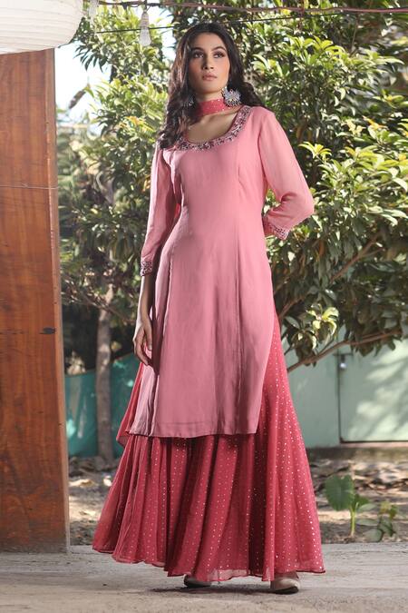 Shop_House Of Mithi Kalra_Pink Georgette Embroidery Mukaish Scoop Neck Kurta Sharara Set  _at_Aza_Fashions