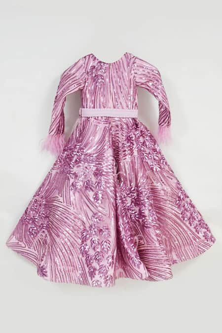 Shop Fayon Kids Pink Sequins, Fabric Flowers 3d Floral Embellished Gown at Aza Fashions Shop_Fayon Kids_Pink Sequins, Fabric Flowers 3d Floral Embellished Gown _at_Aza_Fashions