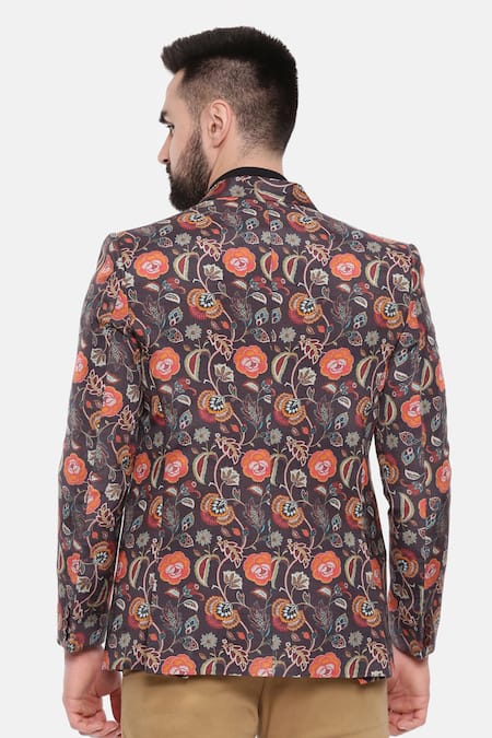 Shop_Mayank Modi - Men_Black Muslin Embroidery Floral Print One-buttoned Blazer _at_Aza_Fashions
