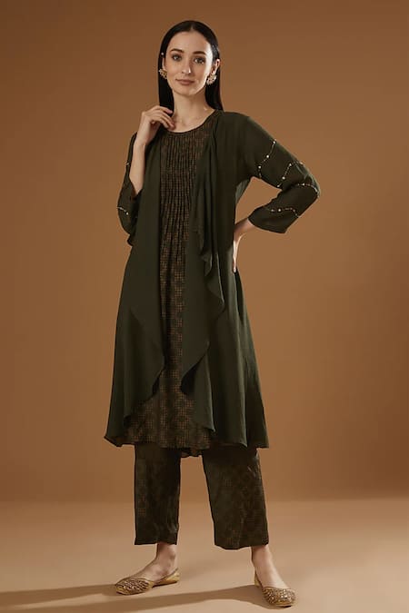 Shop OMI Green Crepe Sequins Open , Round Embroidered Shrug And Pant Set at Aza Fashions Shop_OMI_Green Crepe Sequins Open , Round Embroidered Shrug And Pant Set _at_Aza_Fashions
