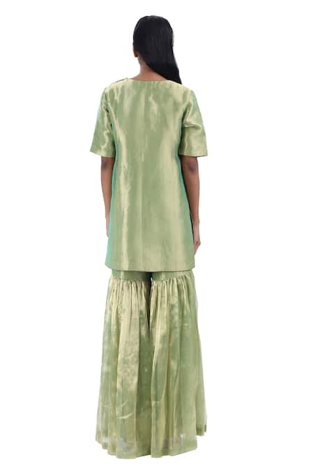 Shop_Akaaro_Green Silk Round Neck Kurta Sharara Set _at_Aza_Fashions