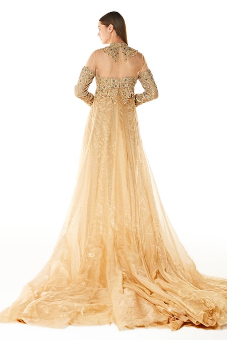Rabani & Rakha_Gold Georgette, Organza Sequins Mandarin Collar Gala Paisley Embroidered Gown _Online_at_Aza_Fashions