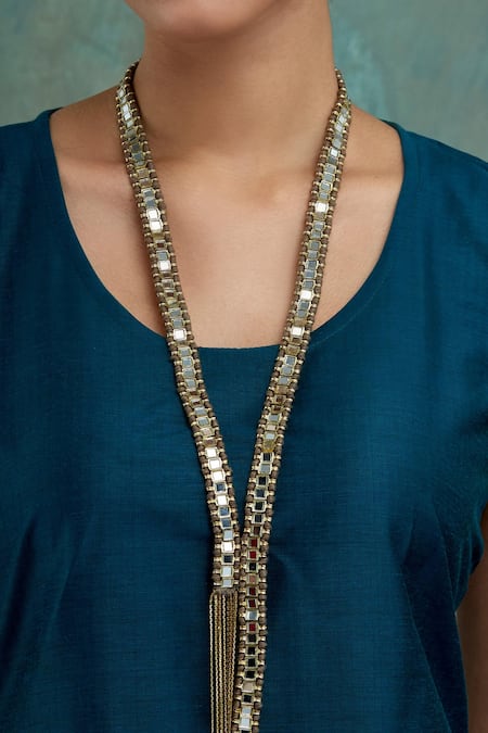 Shop House Of Tuhina Gold Plated Mirror Studded Falak Long Fringe Necklace at Aza Fashions Shop_House Of Tuhina_Gold Plated Mirror Studded Falak Long Fringe Necklace _at_Aza_Fashions