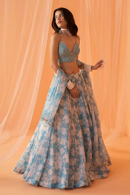 Shop_Lashkaraa_Blue Chanderi Embroidery V-neck Floral Print Lehenga Set _at_Aza_Fashions
