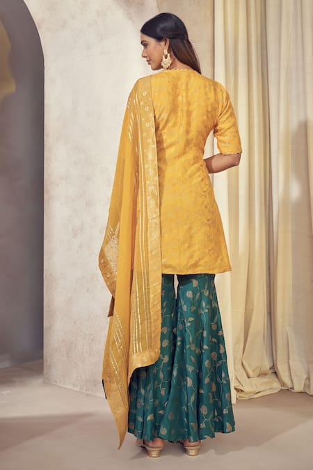 Shop Affroz Green Denim, Organza Gota Patti, Embroidery V-neck Floral Woven Sharara Set at Aza Fashions Shop_Affroz_Green Denim, Organza Gota Patti, Embroidery V-neck Floral Woven Sharara Set _at_Aza_Fashions