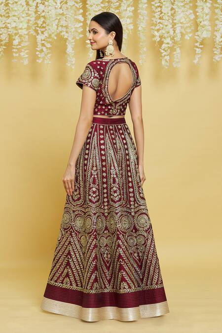 Shop Aiman Wine Silk Embroidery, Gota Patti Round Neck Dori Lehenga Set at Aza Fashions Shop_Aiman_Wine Silk Embroidery, Gota Patti Round Neck Dori Lehenga Set_at_Aza_Fashions