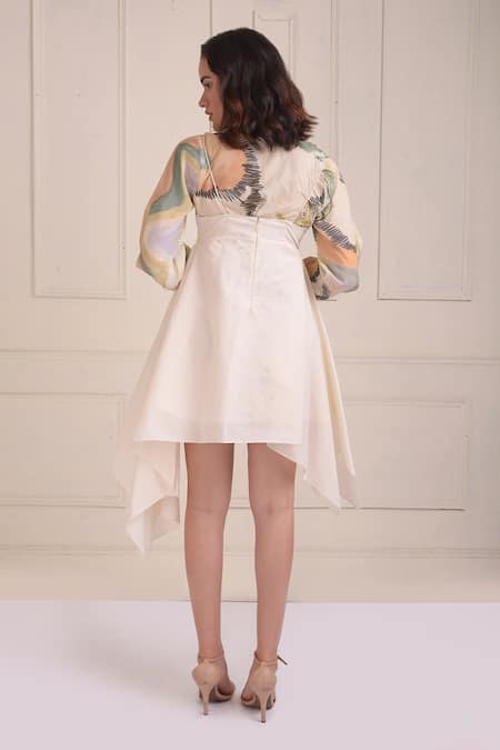 Shop_Shwetanga_Ivory Cotton Plunge Neck, Collared Organic Handkerchief Dress And Shirt Set _at_Aza_Fashions