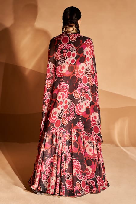 Shop Bhumika Sharma Black Georgette Embroidery Round Neck Printed Cape And Lehenga Set at Aza Fashions Shop_Bhumika Sharma_Black Georgette Embroidery Round Neck Printed Cape And Lehenga Set _at_Aza_Fashions