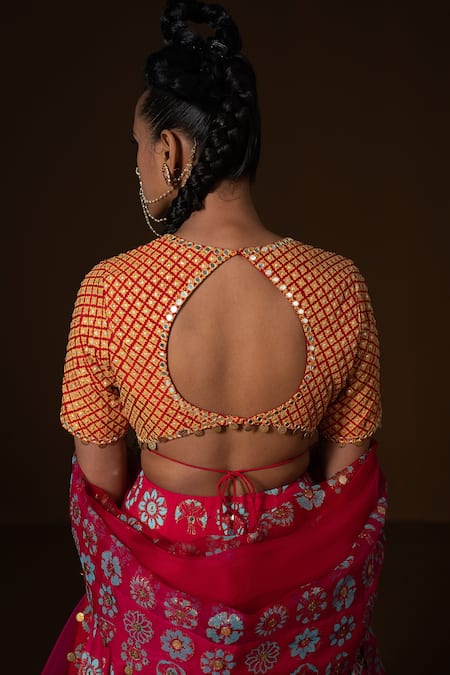 Shop_Pooja Rajgarhia Gupta_Fuchsia Organza, Silk Mirrors, Sequins, Fabric Red Ombre Bridal Lehenga Set _at_Aza_Fashions