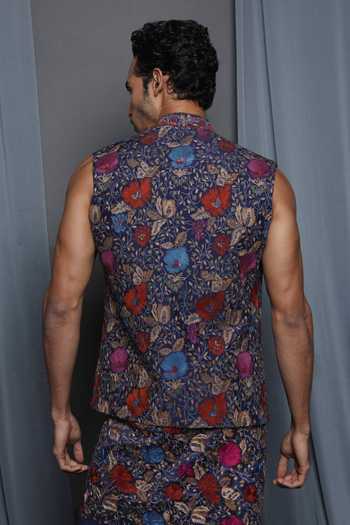 KRISHNA MEHTA Floral Embroidered Navy Bundi