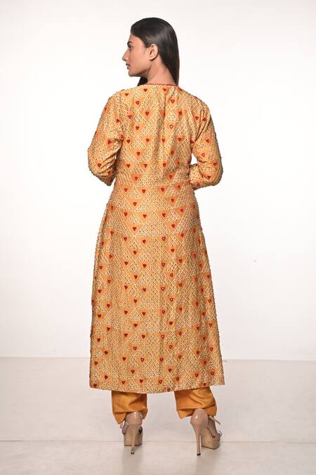 Shop_Soumodeep Dutta_Yellow Chanderi And Embroidery Triangle Notched Kurta & Pant Set_at_Aza_Fashions