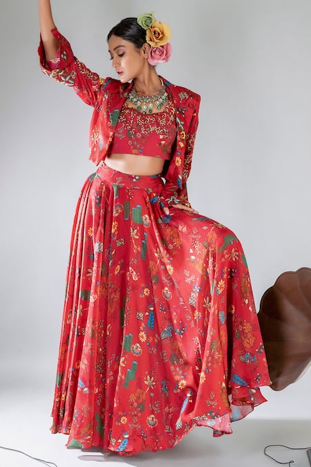 Pds By Sneha Floral Print Jacket Lehenga Set 