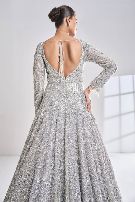 Seema Gujral Silver Net Zardozi Sweetheart Neck Embroidered Jacket Lehenga Set Online at Aza Fashions Seema Gujral_Silver Net Zardozi Sweetheart Neck Embroidered Jacket Lehenga Set _Online_at_Aza_Fashions