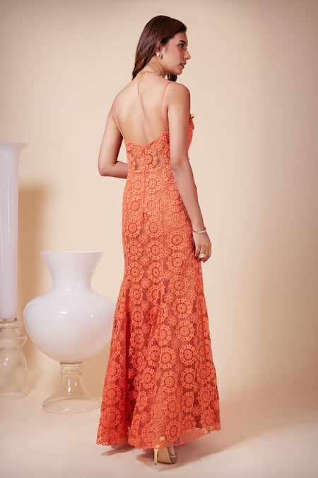 Shop Saaj By Ankita Coral Organza Embroidery One Shoulder Dandelion Thread Gown at Aza Fashions Shop_Saaj By Ankita_Coral Organza Embroidery One Shoulder Dandelion Thread Gown _at_Aza_Fashions