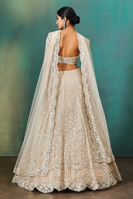 Shop_Aneesh Agarwaal_Pink Net, Linen Mirrors, Zari, Embroidery, Sequins Floral Bridal Lehenga Set _at_Aza_Fashions