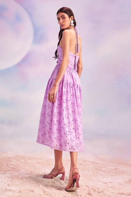 Shop House Of Eda Purple Cotton Embroidery Halter Neck Kenith Ruche Bodice Dress at Aza Fashions Shop_House Of Eda_Purple Cotton Embroidery Halter Neck Kenith Ruche Bodice Dress_at_Aza_Fashions