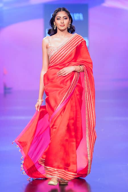 Shop_Punit Balana_Red Organza, Silk Embroidery, Tassels Sweetheart Neck Saree Set _at_Aza_Fashions