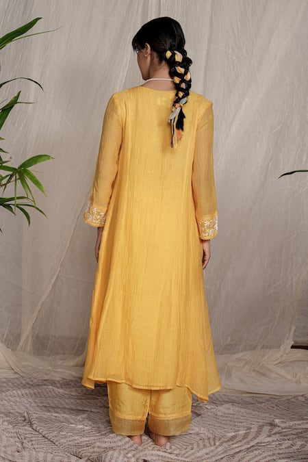 Pants And Pajamas Candy Stick Yellow Chikankari Kurta Pant & Dupatta - Set of 3 