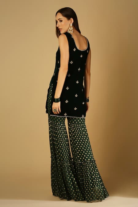 Monk & Mei By Sonia Anand Cyra Velvet Embroidered Kurta Sharara Set 