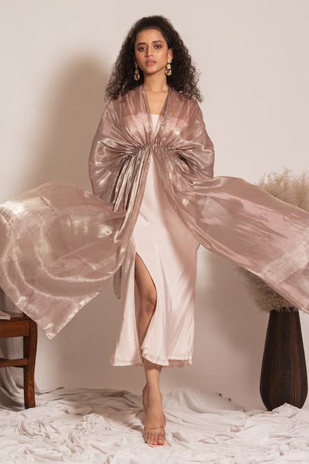Shop Vanshika Agarwal Label White Taffeta, Crepe, Organza Applique V-neck, V Dress And Metallic Jacket Set at Aza Fashions Shop_Vanshika Agarwal Label_White Taffeta, Crepe, Organza Applique V-neck, V Dress And Metallic Jacket Set _at_Aza_Fashions