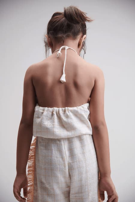 Shop Littlecheer Cream , Satin Fringe Sunshine Geometric Pattern Jumpsuit at Aza Fashions Shop_Littlecheer_Cream , Satin Fringe Sunshine Geometric Pattern Jumpsuit _at_Aza_Fashions