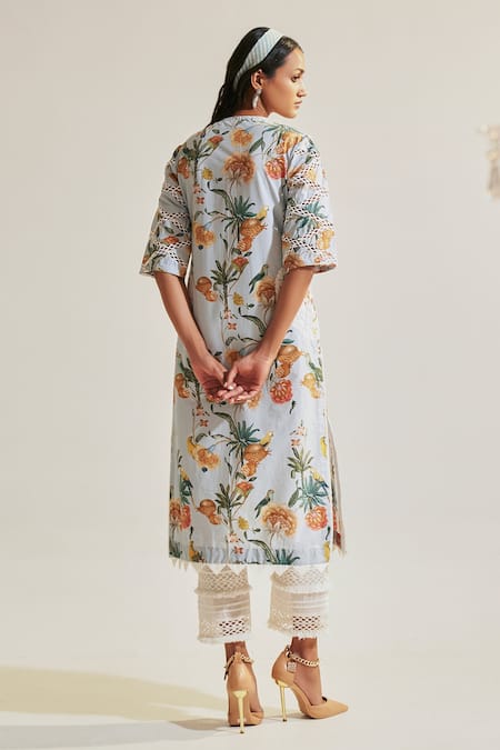 Shop Sage Saga Blue Round Neck Soha Floral Print Kurta at Aza Fashions Shop_Sage Saga_Blue Round Neck Soha Floral Print Kurta _at_Aza_Fashions