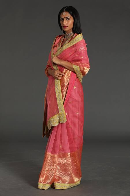 Shop Rar Studio Pink Chanderi Embroidery V-neck Thread Hand Saree With Blouse at Aza Fashions Shop_Rar Studio_Pink Chanderi Embroidery V-neck Thread Hand Saree With Blouse_at_Aza_Fashions