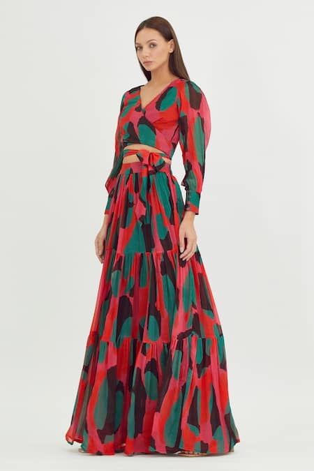Shop Koai Multi Color Chiffon Abstract Pattern Tiered Skirt at Aza Fashions Shop_Koai_Multi Color Chiffon Abstract Pattern Tiered Skirt_at_Aza_Fashions