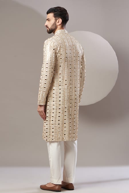 Shop_Kasbah_White Georgette, Cotton Foil Printing, Zari Geometric Work Kurta _at_Aza_Fashions